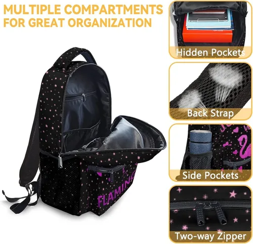 Vista 6 de Mochila Flamingo con fiambrera, juego de 3 mochilas escolares a juego, bonita bolsa rosa y estuche para lápices