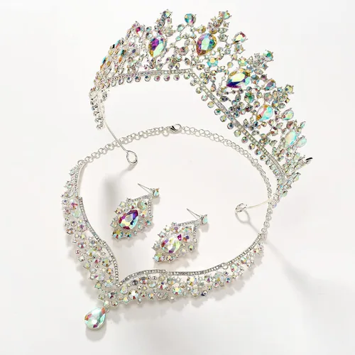 Vista 4 de SWEETV Corona de boda para novia, paquete de 3 aretes de tiara, juego de joyas para novia, cristal iridiscente, fiesta, cumpleaños, graduación