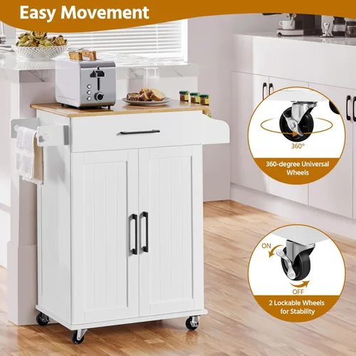 Vista 5 de Topeakmart Carrito de isla de cocina con armario de almacenamiento y 1 cajón, carrito de cocina rodante con toallero y estante para especias