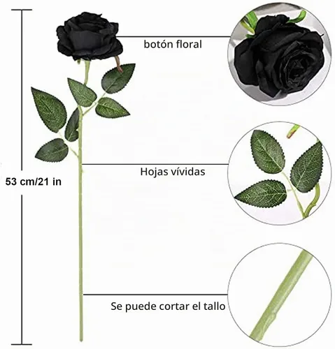 Vista 6 de Laelfe 12 PCS Flores Artificiales Rosas Negras, Flores de Seda Falsas de Tallo Largo Rosa Artificial para Decoraciones de Halloween Hogar Boda Negro