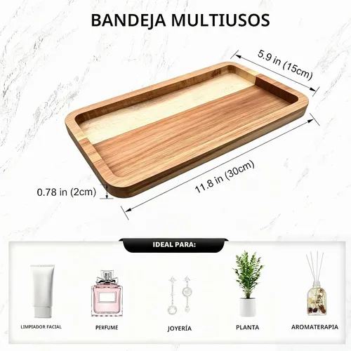 Vista 2 de Bandeja de baño para mostrador, bandeja de madera para baño, tanque de inodoro, perfume 11.8 pulgadas de largo x 5.9 pulgadas de ancho x 0.8 Acacia
