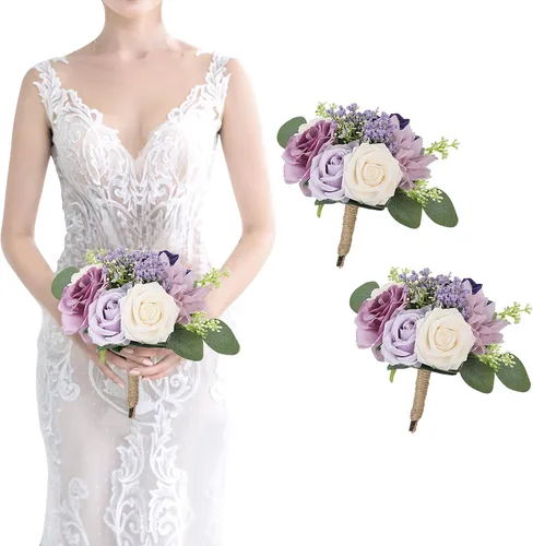 Vista 20 de Ramo de dama de honor artificial para boda, ramo de flores de seda prefabricadas de 7 pulgadas, ramo de flores pequeñas para dama de honor