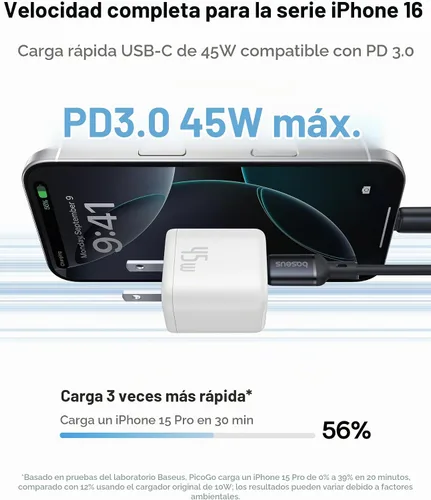 Vista 3 de Baseus Cargador de 45W, Bloque de Carga USB C PicoGo C1 Carga Rápida, Cargador de Pared Compacto Tipo C para iPhone 16/15/14/13/12 Serie, Serie