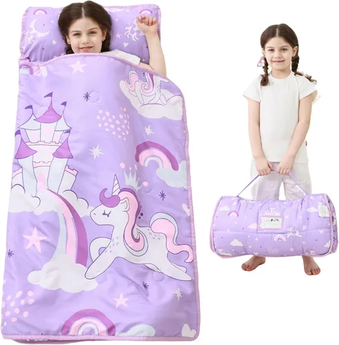 Vista 17 de Lasoftan Tapete para siesta para niños con almohada y manta, tapetes enrollados extra grandes para siestas, bolsas de dormir para niños y niñas