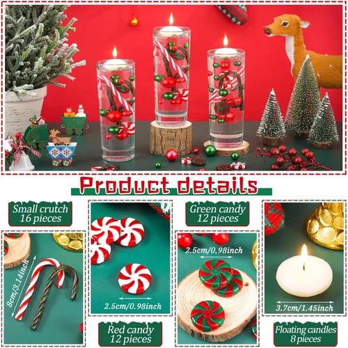 Vista 3 de 124 piezas de perlas de relleno de jarrón de Navidad para relleno de florero, decoración de mesa de Navidad, centro de mesa con 8 velas flotantes