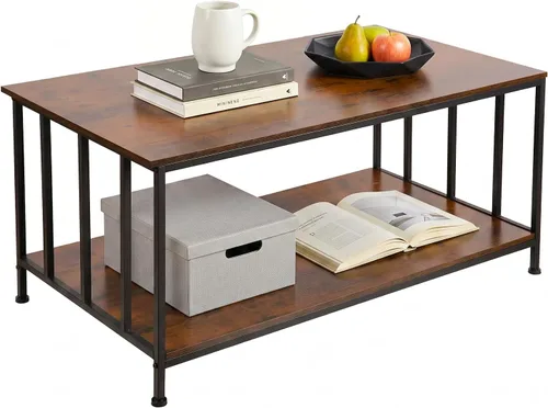 Vista 9 de SENIG Mesa de café pequeña rectangular marrón de madera y metal con estante de almacenamiento para salas de estar pequeñas