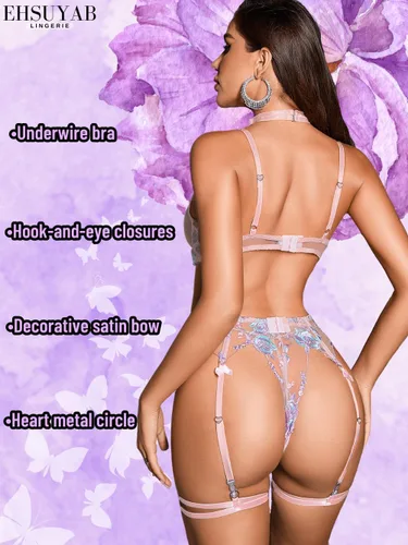 Vista 3 de 5 lencería para mujer, bordado floral, lazo de satén, círculo de corazón