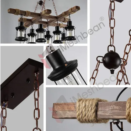 Vista 4 de iMeshbean Lámpara colgante de madera industrial de 8 luces, lámpara de techo para cocina, bar, mesa de billar