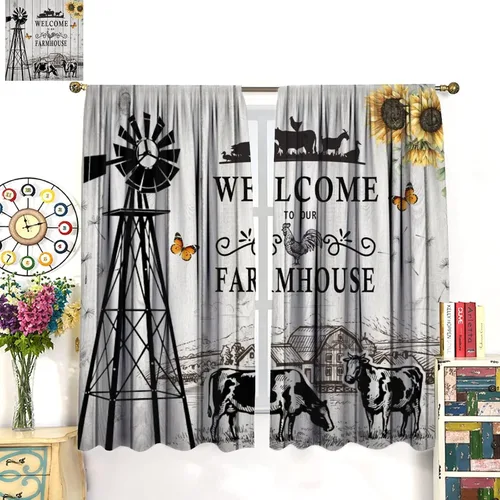 Vista 7 de Western Farms - Cortinas de ventana con estampado de vaca, color blanco y negro, para sala de estar, 42 x 45 pulgadas