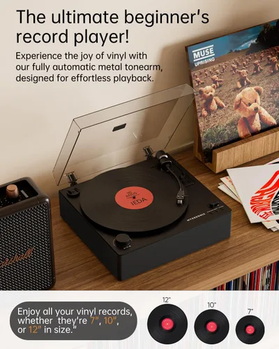 Vista 6 de MYKESONIC - Reproductor de discos automático, tocadiscos de vinilo Bluetooth con transmisión por correa, cartucho magnético AT-3600L, Bluetooth