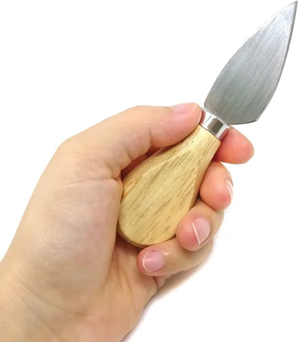 Vista 3 de Honbay Juego de 4 cuchillos de queso de acero inoxidable de viaje, cortadores de queso, cuchillos de queso con mango de madera para mantequilla