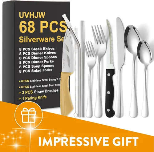 Vista 7 de Juego de cubiertos de 68 piezas con cuchillos para carne, cubiertos de acero inoxidable para 8, cuchillos, cucharas, tenedores, juego de utensilios