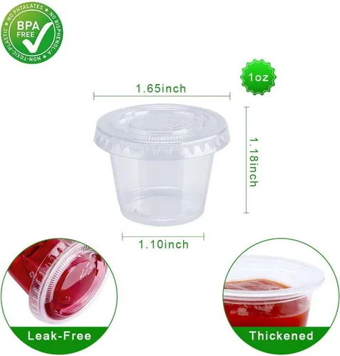 Vista 2 de TashiBox 200 juegos de vasos de gelatina de 1 onza con tapas, vasos de plástico para porciones de soufflé con tapas, transparentes