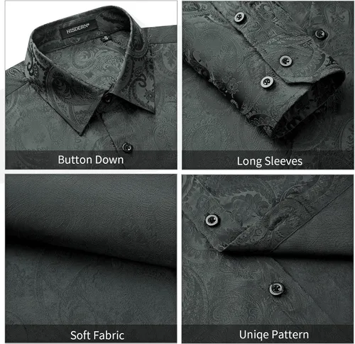 Vista 5 de HISDERN Camisas de vestir de satén brillante para hombre, de lujo, floral, jacquard, de manga larga, a la moda, para bodas, fiestas, bailes