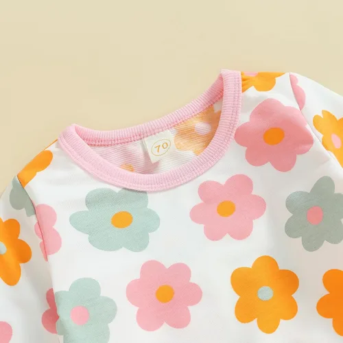 Vista 3 de MAYUMMPY Conjunto de 2 piezas de sudadera con cuello redondo floral y pantalones para bebé niña