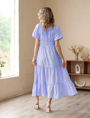 Vista 4 de YESNO Vestido floral casual de verano 2023 para mujer, cuello cuadrado, manga corta, cintura ceñida, maxi vestido con bolsillos, E11