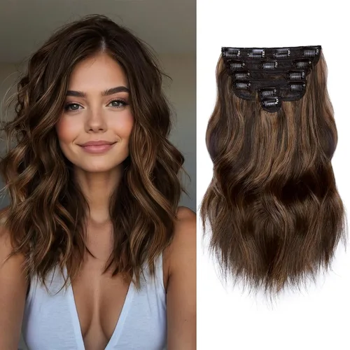 Vista 14 de NAYOO - Extensiones de cabello con clip, extensiones sintéticas onduladas de 20 pulgadas, 6 unidades Wavy Curly Hair, Full Head Coverage, Heat