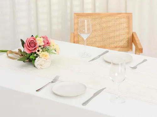 Vista 5 de uxcell Paquete de 1 camino de mesa rústico, caminos de mesa de granja con borlas, camino de mesa rústico para comedor, fiesta, boda, 13 x 63 Beige