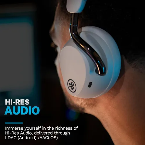 Vista 4 de JLab, Epic Lux Lab Edition, auriculares inalámbricos sobre la oreja, cancelación activa de ruido, audio de alta resolución, blanco nube