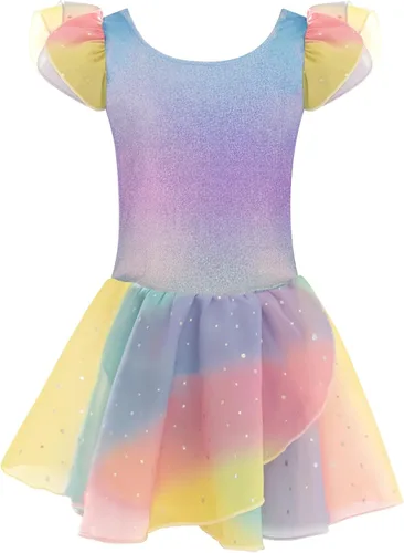 Vista 26 de Arshiner - Vestido de baile de ballet con mangas con volantes, leotardo de tutú con ruedo para niñas Lila