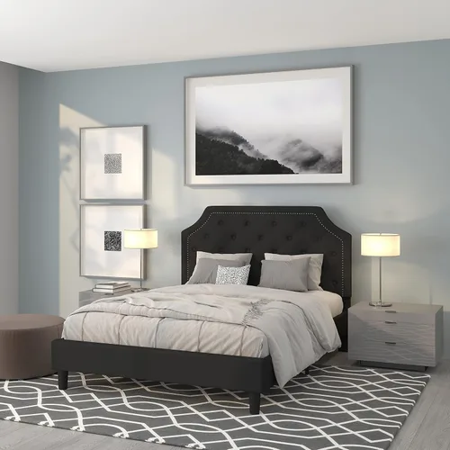 Vista 10 de EMMA + OLIVER Base de cama tapizada con diseño arqueado y diseño capitoné en tela beige