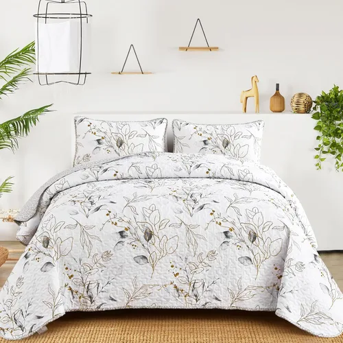 Vista 13 de Anibedding Juego de edredón botánico tamaño Full, 3 piezas reversible, elegante patrón de hojas azules, cubrecama colcha de microfibra suave
