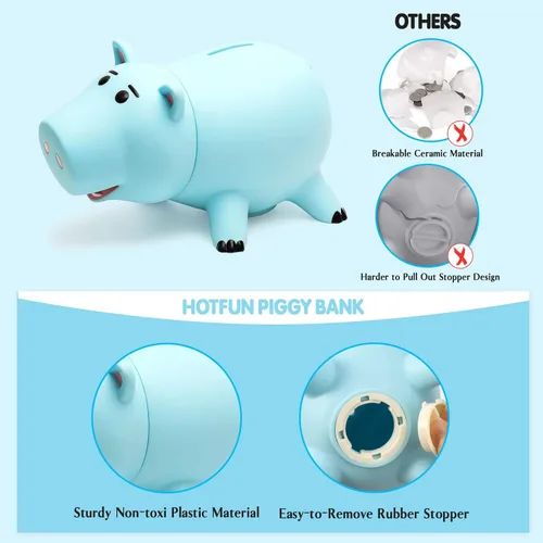 Vista 3 de Hucha Hamm, bonita alcancía de plástico para niños y niñas, banco de dinero irrompible para regalo para niños (azul)