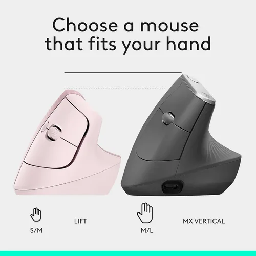 Vista 9 de Logitech Lift - Mouse óptico, ergonómico y vertical, uso inalámbrico, por Bluetooth o con receptor Logi Bolt USB, clics silenciosos, 4 botones, Rosa