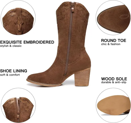 Vista 4 de SHIBEVER Botas vaqueras vaqueras para mujer botas de tacón alto Western Country Botas de gamuza con cremallera a media pantorrilla