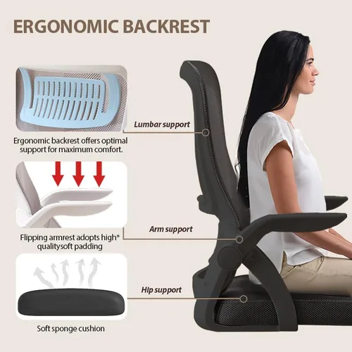 Vista 6 de Silla de oficina, silla de escritorio ergonómica, silla de malla transpirable, silla giratoria con brazos abatibles y soporte lumbar, silla