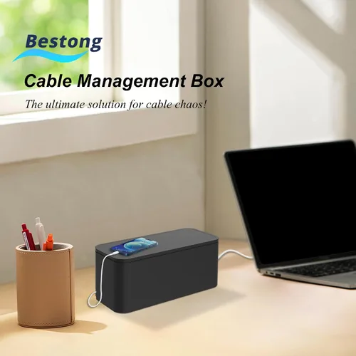 Vista 3 de Power Strip Hider Box - Organizador de gestión de cables, tamaño grande y mediano, color negro Power strip hider box hides cords and surge