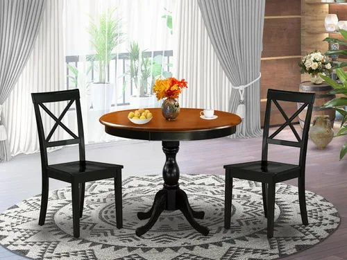 Vista 2 de East West Furniture AMBO3-BCH-W Juego de mesa y sillas de cocina de 3 piezas contiene una mesa de comedor redonda con pedestal y 2 sillas de asiento