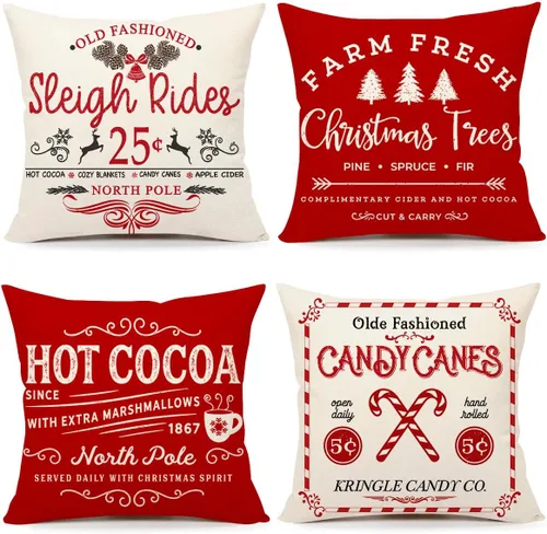 Vista 9 de Fundas de Almohada Navideñas Estilo Granja 16x16 Juego de 4 Decoraciones de Vacaciones de Invierno Navidad Funda de Cojín Rústica para Sofá Sillón