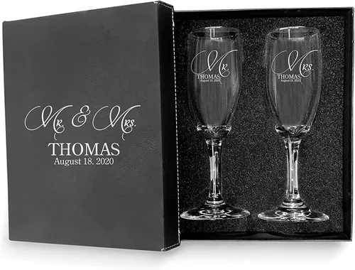 Vista 39 de Juego de 2 copas de champán personalizadas para boda grabadas con caja - Bride & Groom's Wedding Toast