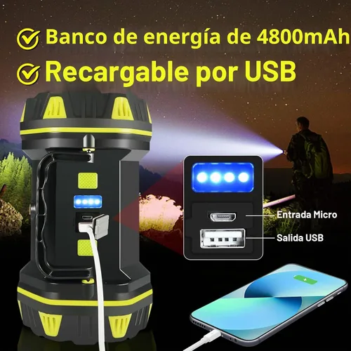 Vista 4 de Linterna LED para camping, linterna recargable, portátil, súper brillante, luz de emergencia al aire libre, lámpara de búsqueda impermeable