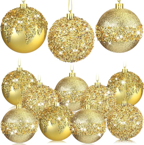 Vista 13 de Syhood 12 adornos de bolas de Navidad con purpurina y lentejuelas con diamantes de imitación, decoraciones de Navidad para colgar en árboles