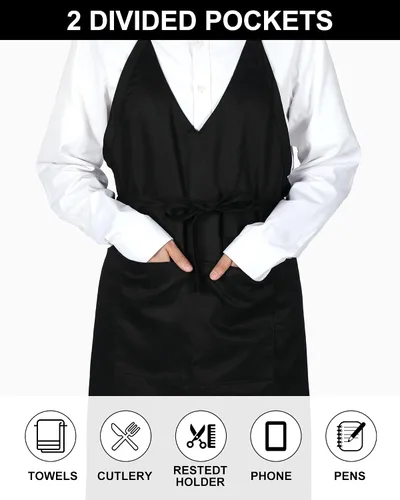 Vista 4 de Liitrsh 5 delantales unisex con cuello en V, 2 bolsillos, delantales de esmoquin ajustables negros con lazo largo en la cintura, delantal formal