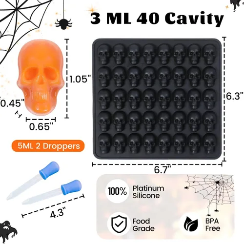 Vista 3 de Molde de silicona de calavera, moldes de silicona para Halloween, moldes para gomitas, paquete de 2 moldes de chocolate de Halloween, mini moldes