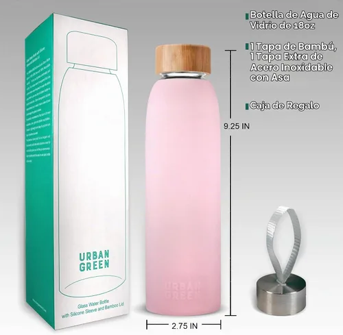 Vista 2 de Urban Green Botella de agua de vidrio con funda protectora de silicona y tapa de bambú, 18 onzas, tapa de acero inoxidable 304 1extra con asa, sin