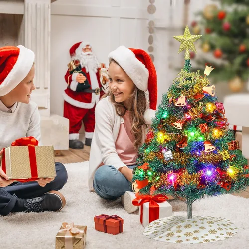 Vista 2 de Mini Christmas Tree, 24"/60cm Tabletop Artificial Christmas Tree with Ornaments & LED String Lights, Small Desktop Xmas Tree with Tree Skirt for