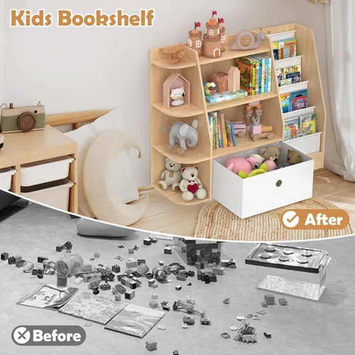Vista 5 de Estantería para niños y almacenamiento de juguetes, estante de madera de 4 niveles para libros, estantería grande para niños con cajones, estantería