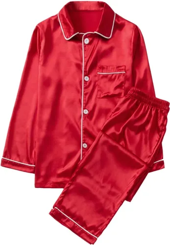 Vista 8 de BNisBM Pijamas de Navidad para la familia, de seda de color sólido, conjuntos a juego, camisas de manga larga, pantalones, ropa de descanso informal