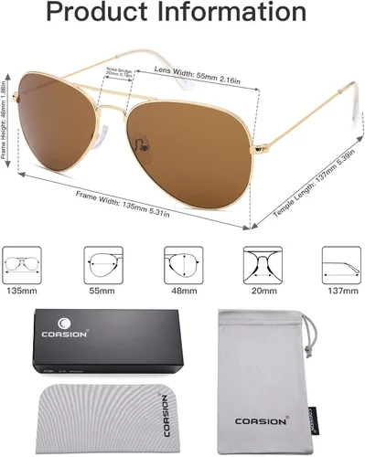 Vista 5 de COASION Gafas de sol clásicas de aviador para mujeres hombres y jóvenes lentes de cristal 100 auténticas gafas de sol de conducción de 2165in