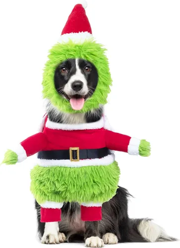 Vista 8 de NACOCO Dog Christmas Furry Costume - Xmas Halloween Dog Cosplay Clothes with Cape Hat Green Monster Funny Uniform Santa Outfits Party Favors Apparel