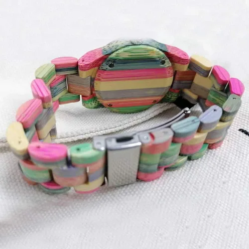 Vista 7 de Tiong Reloj de madera para mujer con correa de madera, cuarzo analógico, diseño clásico, colorido reloj de pulsera de bambú para damas, parejas..