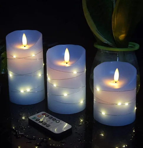 Vista 2 de DANIP - Vela LED sin llama azul cielo, con cuerda de estrella integrada, juego de 3 velas LED, con control remoto de 11 botones, función