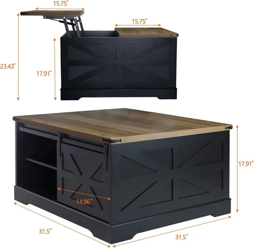 Vista 2 de Mesa auxiliar con tapa elevable, mesa de centro cuadrada de madera con puerta corrediza de granero y estante ajustable, mesa central rústica