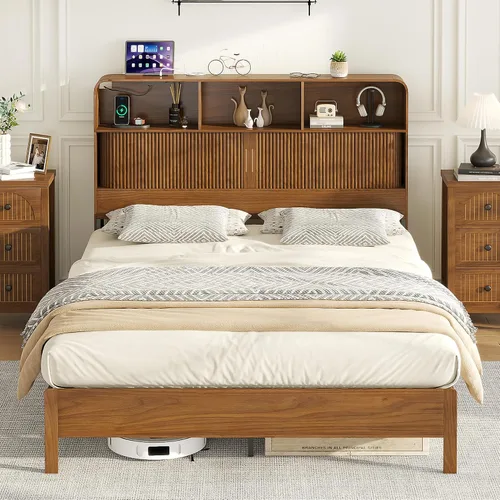 Vista 11 de Lxsxlome - Marco de cama individual con cabecera ondulada, cabecera de madera con 3 compartimentos de almacenamiento arqueados, plataforma de cama