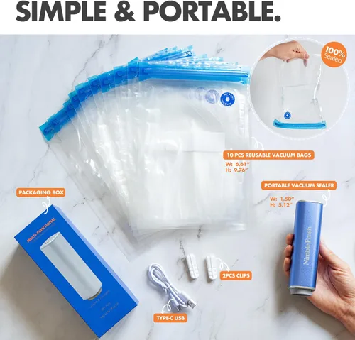 Vista 2 de Sellador al vacío portátil para la organización de la cocina, 50 kPa Pro-Suction para una frescura duradera - Sellador de alimentos recargable