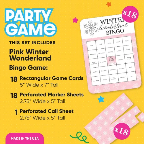 Vista 2 de Big Dot of Happiness Pink Winter Wonderland - Tarjetas de bingo y marcadores - Fiesta de cumpleaños de copo de nieve y juego de bingo para baby